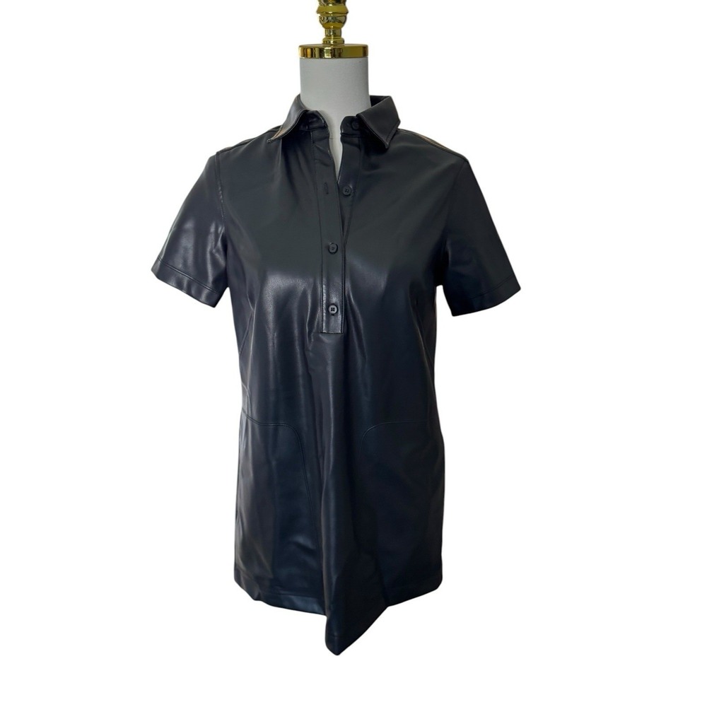 Max Studio Faux Leather Mini Shift Dress Black Short Sleeve Collared XS NEW